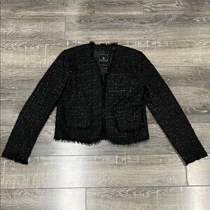 Bagatelle Black Tweed Fringe-Trim Cropped open Blazer size small